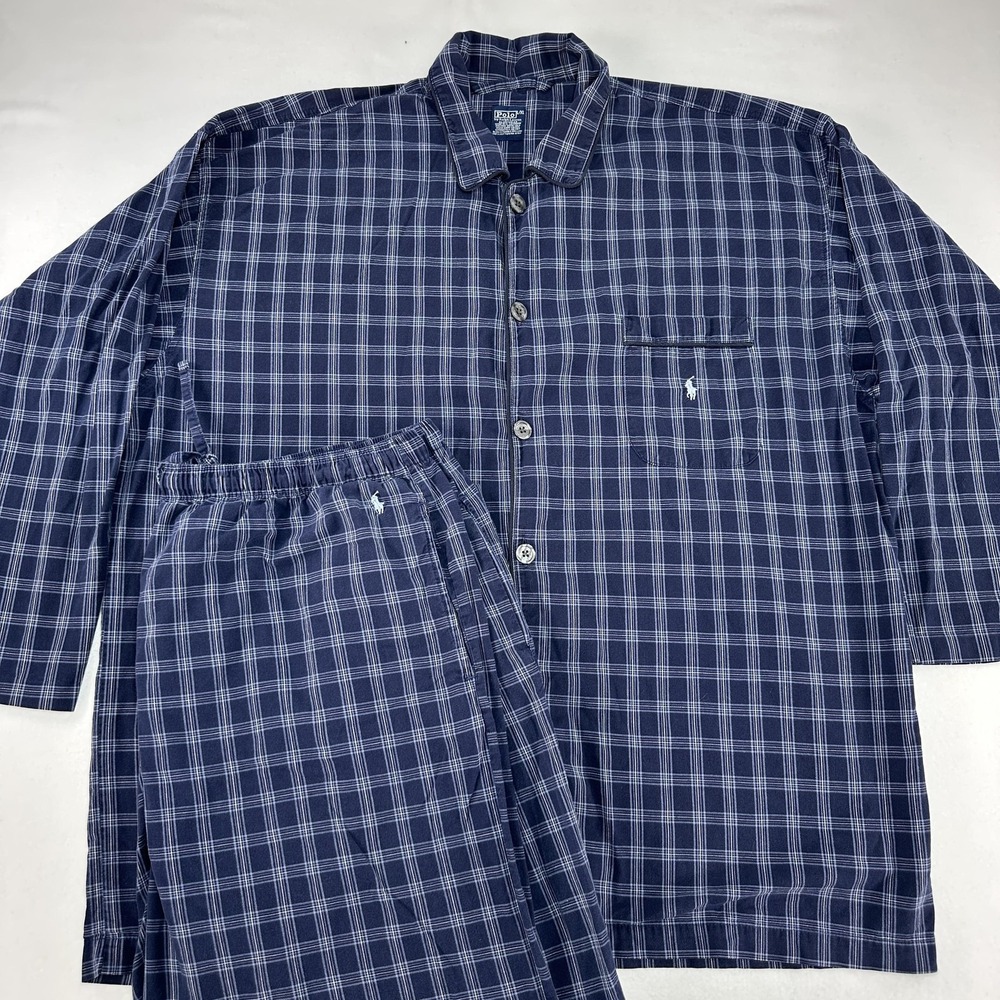 Polo Ralph Lauren Pajama Set Mens XL Blue Plaid Flannel Sleepwear Cotton Lounge
